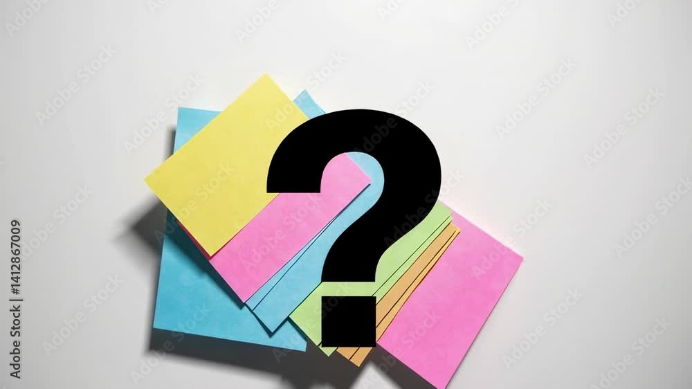 Aufkleber Large black question mark hovers above a stack of colorful sticky notes, symbolizing uncertainty, decision making, and the search for answers in a simple yet effective visual representation