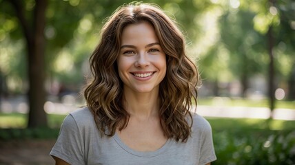 Fototapeta premium Smiling Woman in Grey Shirt Standing Outdoors in a Park with Trees
