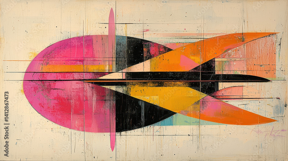 Poster colorful abstract composition with asymmetrical curves creating dynamic movement and expressive dept