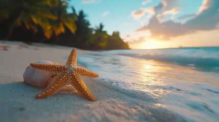 Tropical beach sunset with starfish, sea shell, and coast.