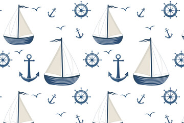 Marine pattern: sailboats, anchors, ship wheels, and seagulls in blue-and-white tones on a white background, ideal for travel, sea, and decor themes.