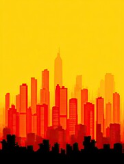 A stylized city skyline illustration shows multiple buildings in shades of orange and red against a bright yellow sky with a dark silhouetted foreground, artfully rendered.