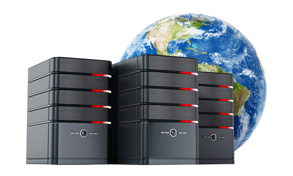 Black computer cases in front of the earth model isolated on transparent background. 3D illustration