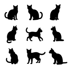 Black silhouettes of cats vector, Set of cats silhouettes, Vector illustration. Large set of cat silhouettes for printing. Sticker template.