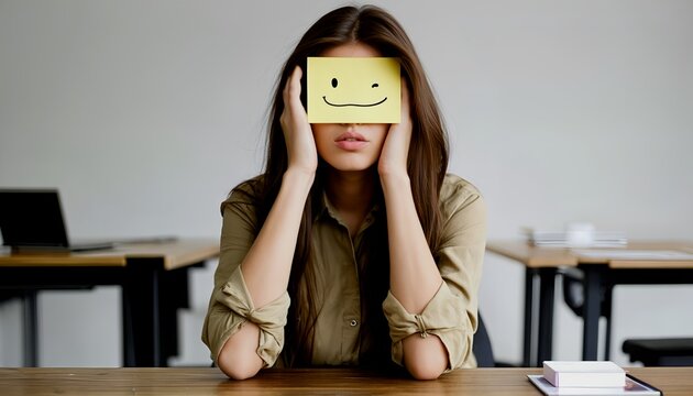 a young woman with a forced smile depicted on a sticky note covering her face expresses exhaustion while sitting at a desk in an empty classroom.