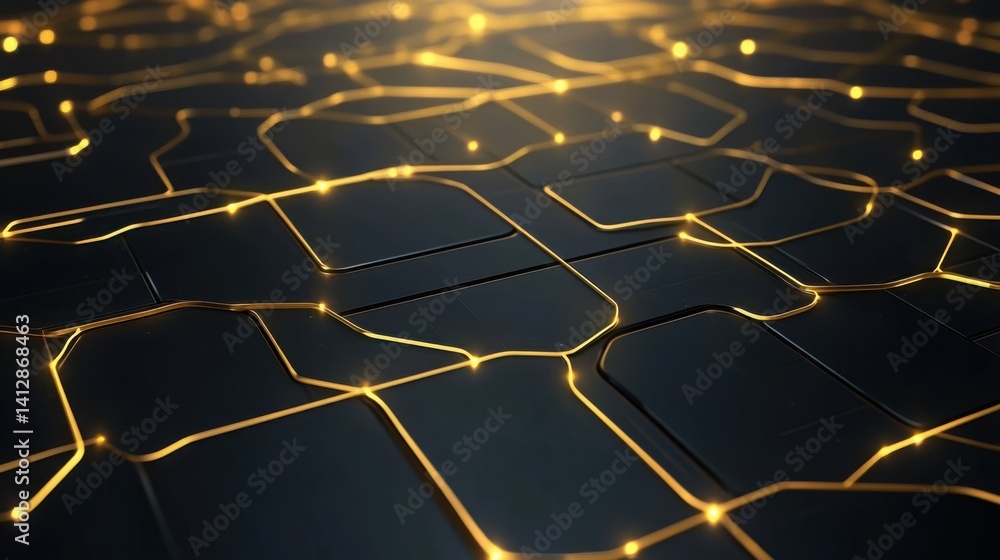 Poster futuristic golden tech background with glowing lines and 3d grid, cyber style