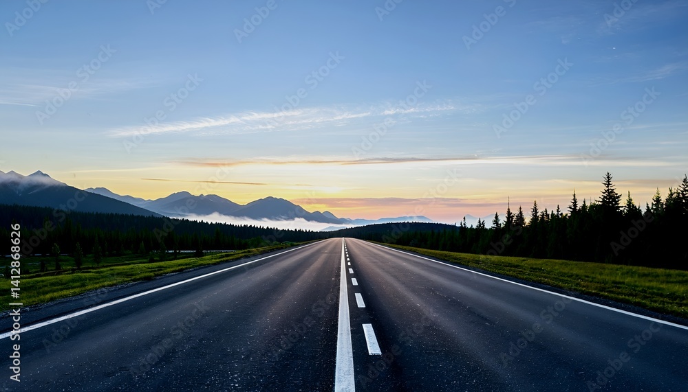 Poster a long, empty highway stretches towards distant, fog-shrouded mountains under a soft gradient of dus