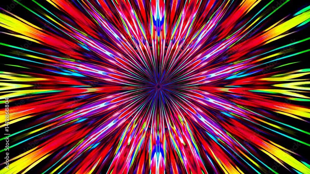 Poster dynamic burst of colorful light streaks radiating from the center, creating a starburst effect. capt