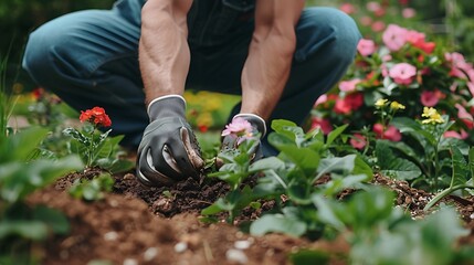 Fototapeta premium A man in rubber gloves digs in the ground and plants seedlings in a vegetable garden