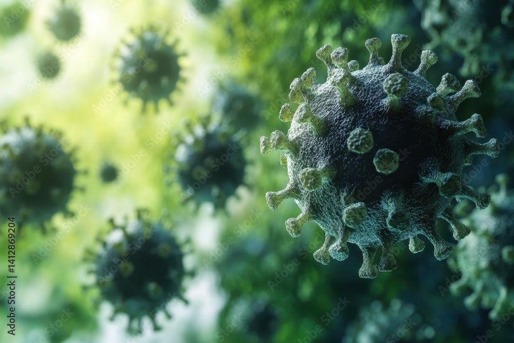 Poster microscopic view of coronavirus in a green environment highlighting cellular structures