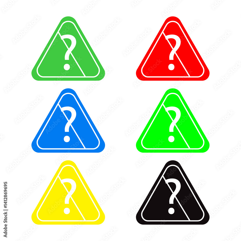 Poster question mark triangles: a collection of six question mark triangles, each in a different color (gre