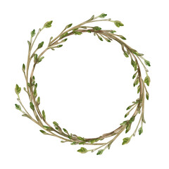 Round wreath of young branches with buds, all branches are hand-drawn with watercolor. Watercolor illustration is perfect for printing on postcards, invitations, for packaging design and textiles.