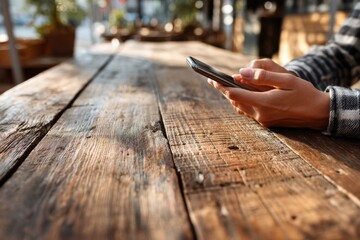 Woman's hands using a smartphone on a rustic wooden table in a blurred outdoor setting on a sunny day.