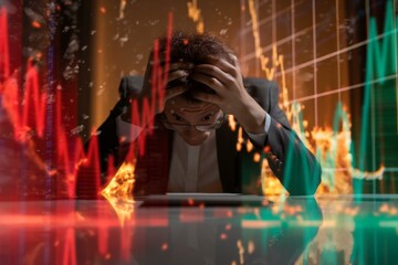 Businessman in despair with falling stock charts symbolizing market crash and financial loss