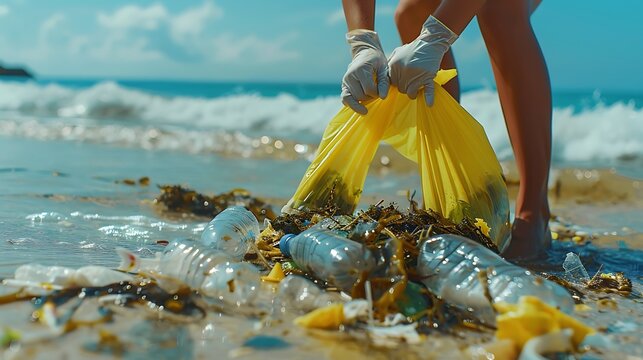 Volunteer woman collecting plastic waste on the beach. The ecological problem of garbage