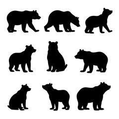 Set bear silhouettes isolated on white background