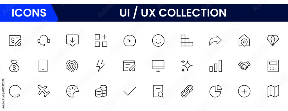 Poster vector illustration web line icon collection focused on ux/ui design, featuring wireframes, user flo