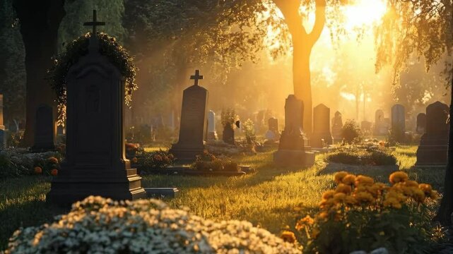 Cemetery tombstones at golden sunset time footage. Graveyard landscape motion picture. Memorial day background clip for funeral service and remembrance event.