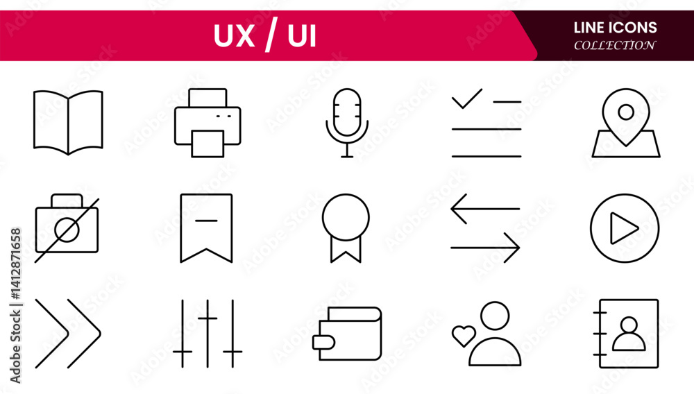 Poster vector illustration web line icon collection focused on ux/ui design, featuring wireframes, user flo