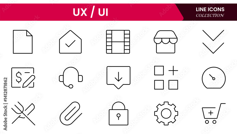 Poster vector illustration web line icon collection focused on ux/ui design, featuring wireframes, user flo