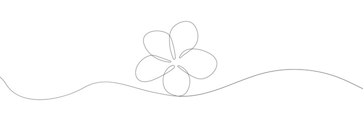 One continuous line drawing of Plumeria flower. Frangipani blossom with petals for floral tattoo in simple linear style. Plant pattern for wedding in Editable stroke. vector illustration. EPS 10 .  