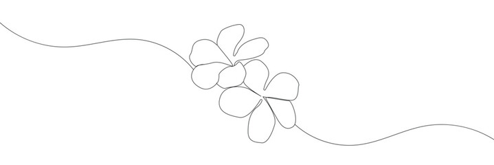 One continuous line drawing of Plumeria flower. Frangipani blossom with petals for floral tattoo in simple linear style. Plant pattern for wedding in Editable stroke. vector illustration. EPS 10 .  