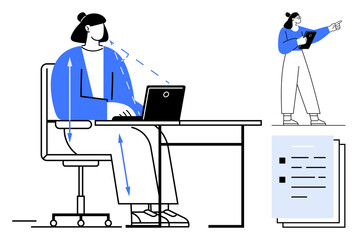 Person working ergonomically at a desk with laptop, colleague discussing via a tablet, and documents. Ideal for workplace design, productivity, team collaboration, remote work, technology use