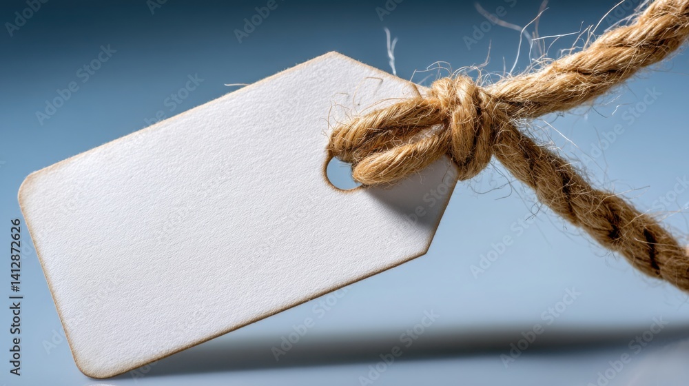 Poster white tag hanging on a rope with a blank surface for undefined identity and labeling purposes