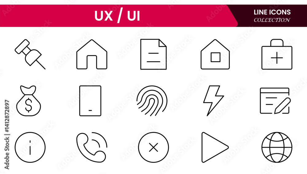 Poster vector illustration web line icon collection focused on ux/ui design, featuring wireframes, user flo