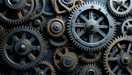 a complex arrangement of interconnected brass and steel gears creates a detailed, steampunk-inspired mechanical texture.