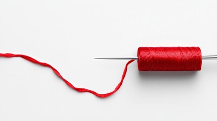 Needle and red thread on white. Sewing concept