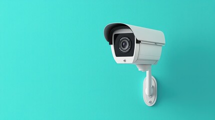 Modern white outdoor security camera with black lens mounted on wall against vibrant blue background for surveillance and home security systems.