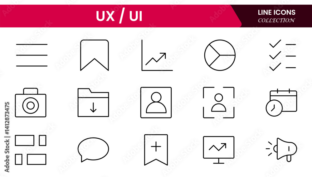 Poster vector illustration web line icon collection focused on ux/ui design, featuring wireframes, user flo