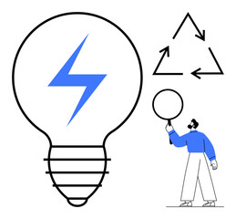 Large lightbulb with lightning bolt, recycling symbol, person holding magnifying glass. Ideal for innovation, sustainability, environment, research, energy, eco-friendly concepts simple landing page