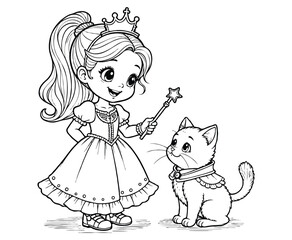 Princess Dress Up Fun  Girl and Cat Knight Coloring Page