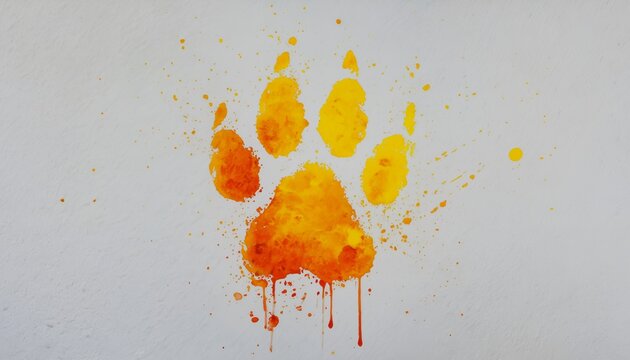 a vibrant orange and yellow watercolor paw print splatters across a textured gray background, creating an artistic and playful impression. - Powered by Adobe