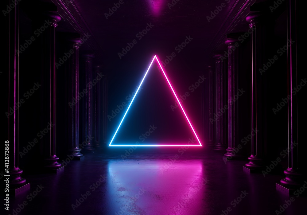 Poster neon triangle portal background with dark columns for futuristic technology and sci fi concept
