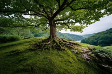 Fototapeta premium Majestic Ancient Tree Standing Proudly in the Center of Lush Green Landscape