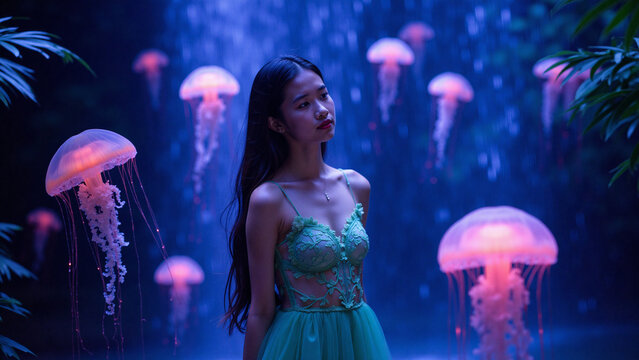 Dreamy portrait of a woman surrounded by jellyfish in a surreal underwater setting