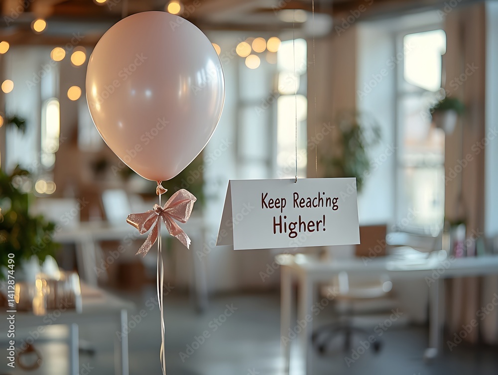 Poster message on a floating balloon in an office setting