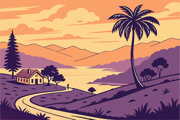 Obraz premium 27 Sunset landscape, colorful sky, orange and purple gradient, calm lake, distant mountains, small houses, winding road, stylized trees, palm tree, minimalist art style, vector illustration, peaceful 