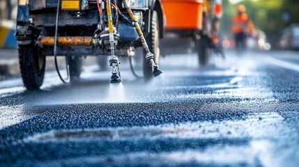 Road maintenance vehicle applying protective liquid for surface preservation