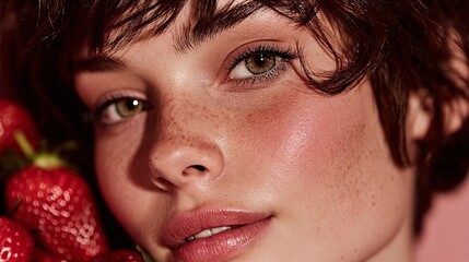 Fototapeta premium Fresh Beauty Portrait with Strawberries and Soft Natural Makeup