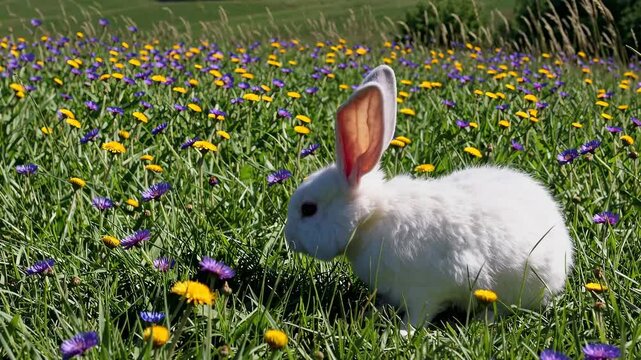 A close-up, eye-level shot of a white rabbit in a vibrant field of purple and yellow flowers, capturing a serene, natural scene perfect for a calming video.