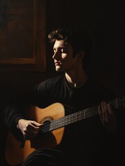 Obraz premium Young Man Playing Acoustic Guitar in Dramatic Lighting Indoor Scene