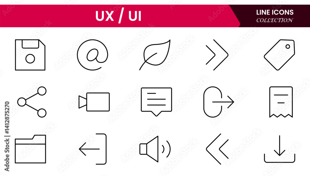Poster vector illustration web line icon collection focused on ux/ui design, featuring wireframes, user flo