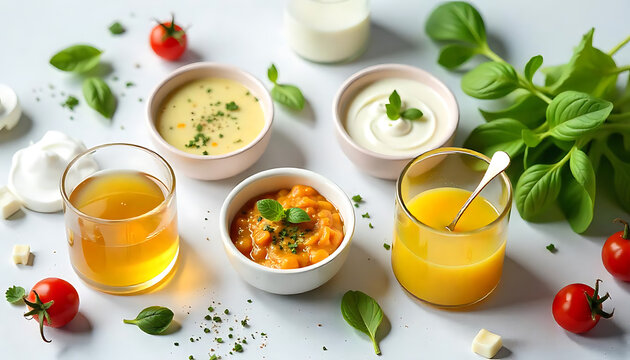 Salad dressings (vinaigrette, ranch & more) on the concrete table with veggies. Copy space, Salad dressings arranged on a catering service food table at a social event, created with generative ai