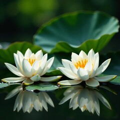 A beautiful display of white lotus blossoms in a calm pond, blooms, beauty