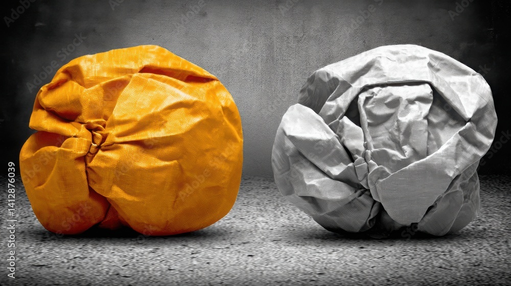 Poster two fresh oranges on a wooden table with a crumpled idea paper beside them representing concept refi