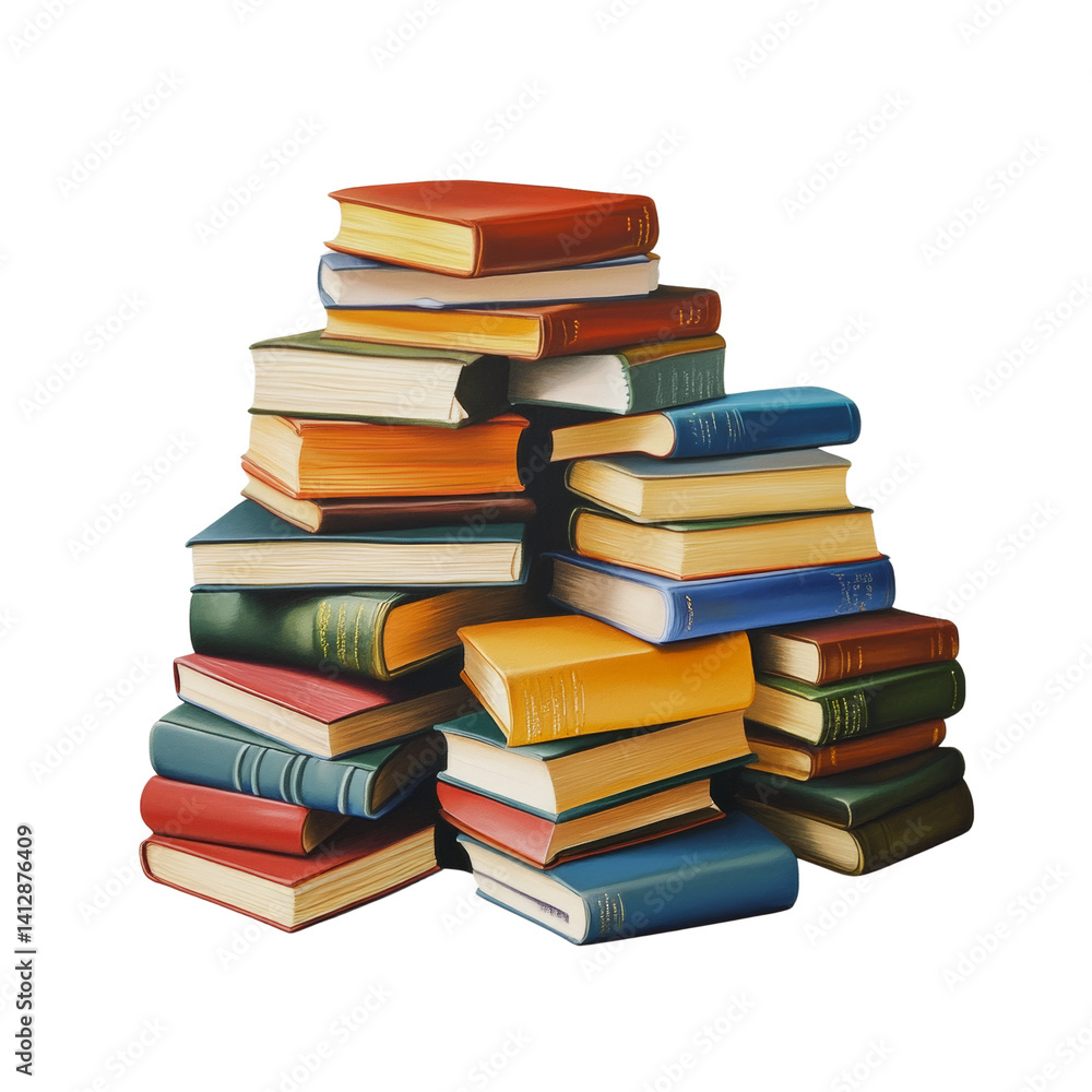 Poster towering stack of colorful books for learning and educational resources